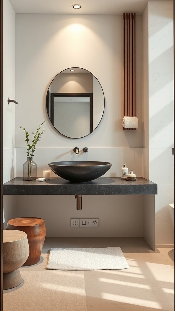 A modern Japandi bathroom featuring a unique black bowl sink on a dark countertop, with wooden stools and minimal decor.