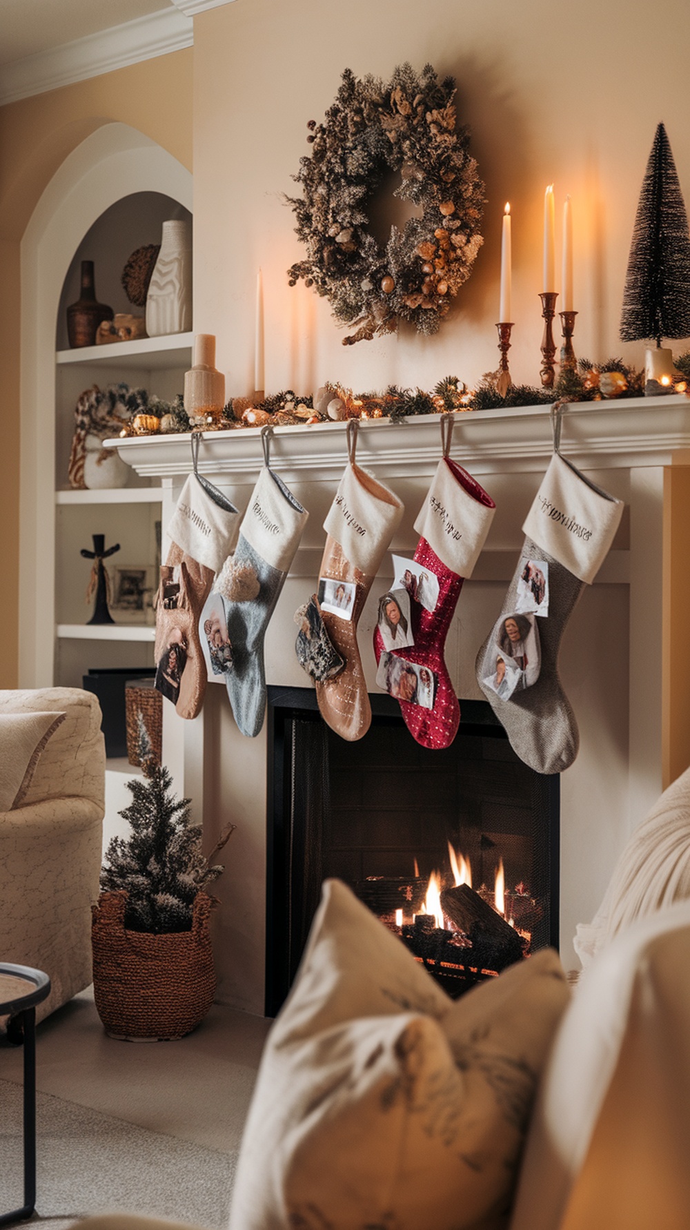 A cozy fireplace adorned with unique Christmas stockings featuring family photos.