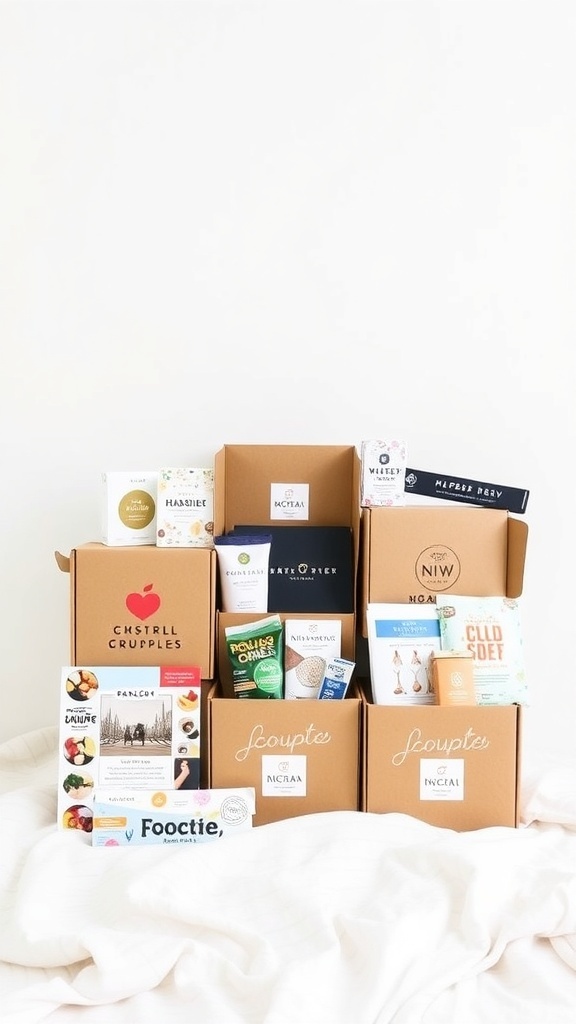 An assortment of unique subscription boxes stacked on a soft background.