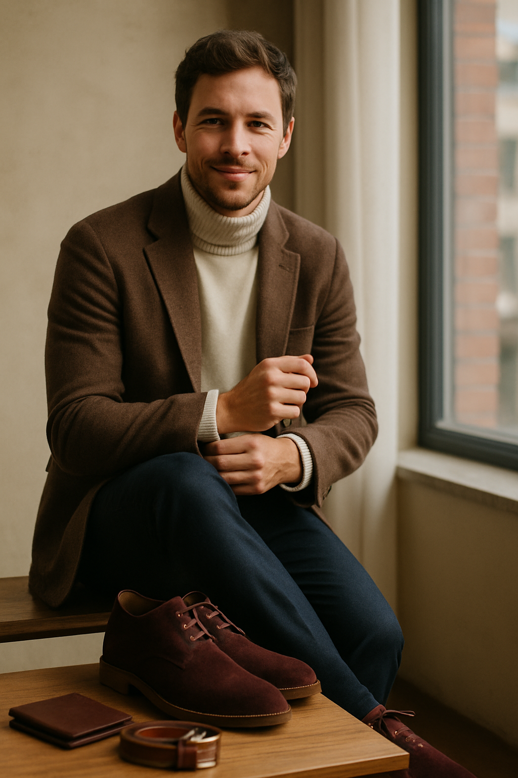 A man in a brown blazer and turtleneck sitting next to unique burgundy suede shoes.