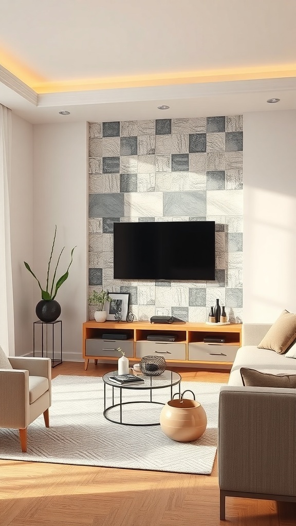 Living room with a unique tile arrangement behind a mounted TV