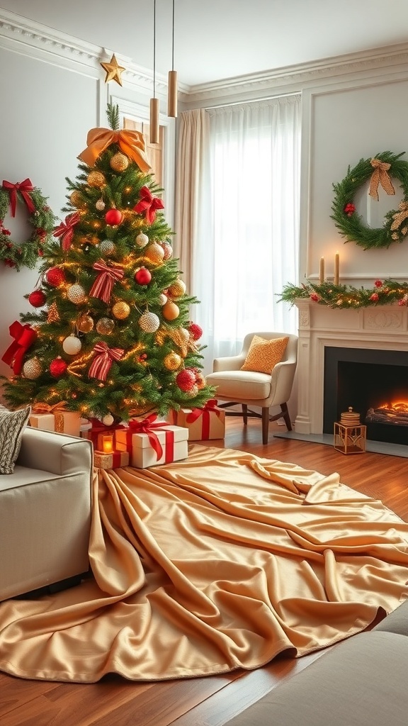 A beautifully decorated Christmas tree with a golden tree skirt, surrounded by gifts and a cozy living room setting.