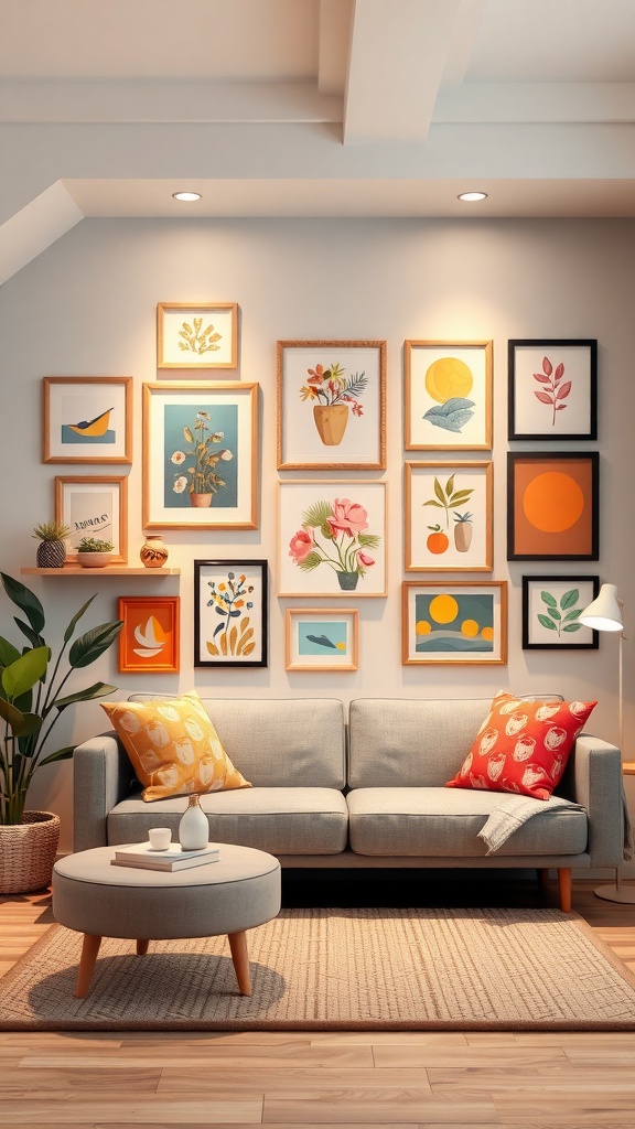 A cozy living room with a unique wall art display featuring colorful framed artworks, a comfortable sofa, and decorative pillows.