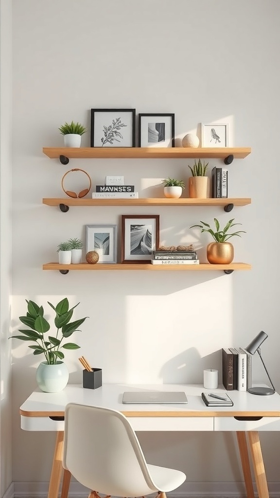 A stylish desk with unique wall shelves displaying plants, books, and framed pictures.