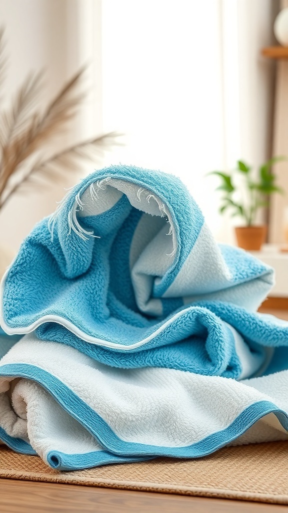 A folded towel displaying a wave-like pattern with blue and white colors.