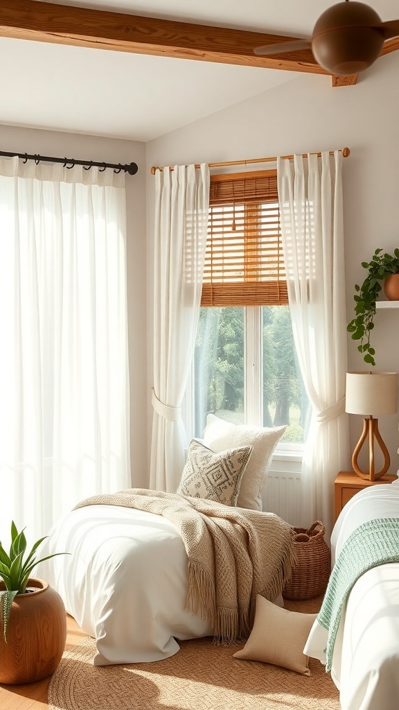 A cozy boho farmhouse bedroom with wooden blinds and sheer white curtains, featuring a plant and soft textiles.