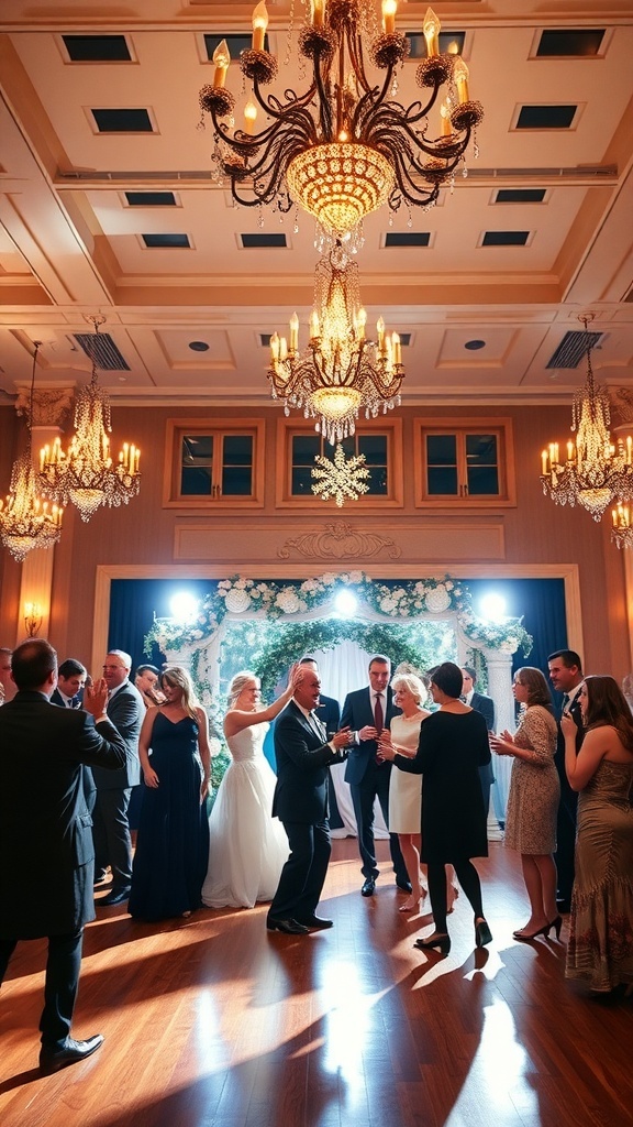 A lively winter wedding reception with guests dancing under elegant chandeliers.