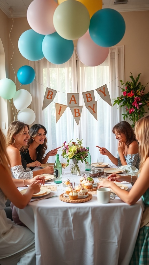 A cheerful baby shower scene with friends enjoying food and colorful decorations.