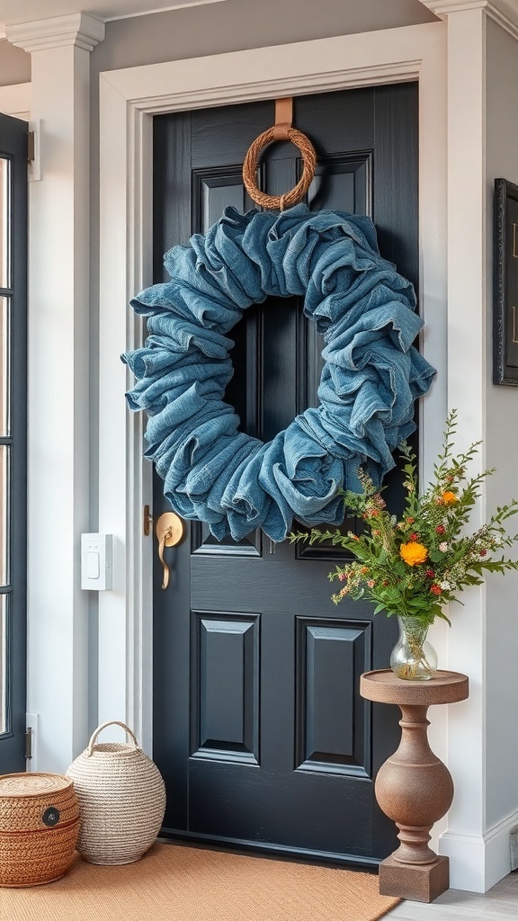 A denim rag wreath hanging on a dark door, showcasing ruffled blue fabric and a rope loop.