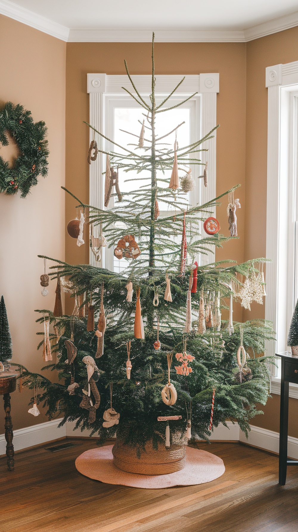 A Christmas tree decorated with upcycled materials, featuring handmade ornaments and natural elements.