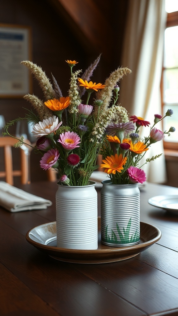 Two upcycled tin can vases filled with colorful flowers, placed on a wooden tray.