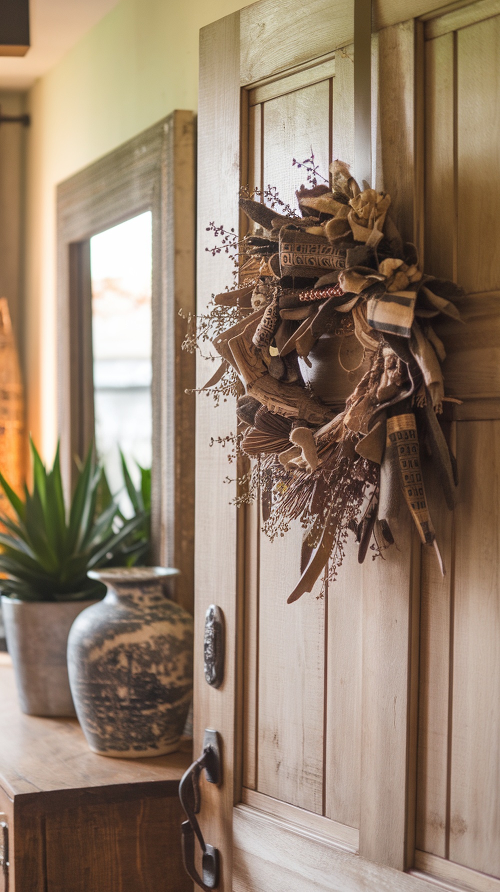 An upcycled wreath made from various materials hanging on a wooden door.