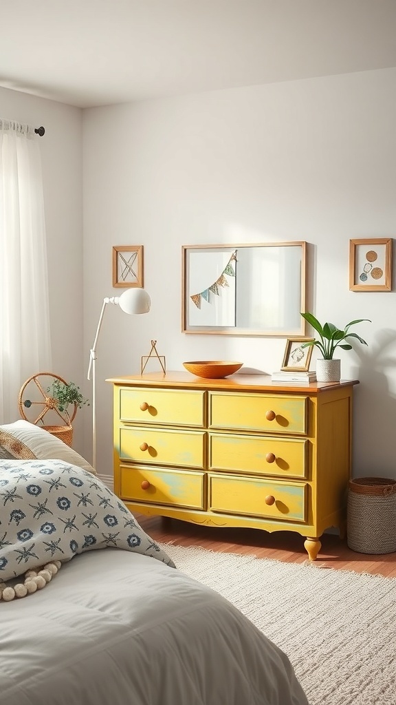A bright yellow dresser in a cozy teen bedroom with decorative elements.