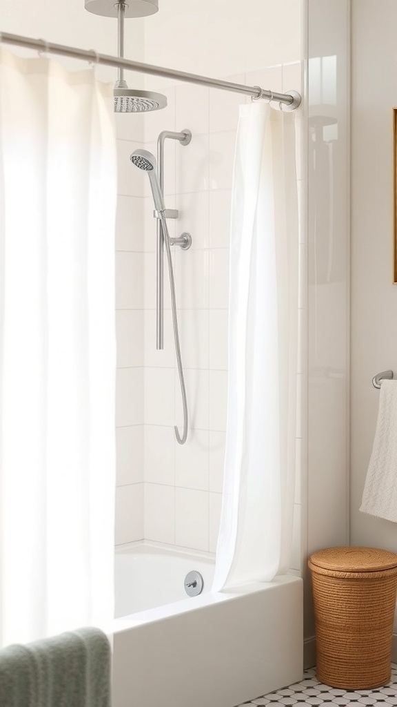 Modern shower area with a curtain, showerhead, and a clean design.