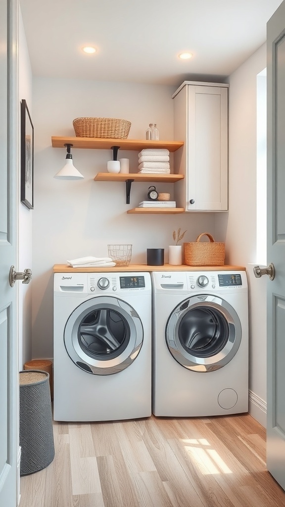 A small laundry room with modern washer and dryer, wooden shelves, and organized storage.