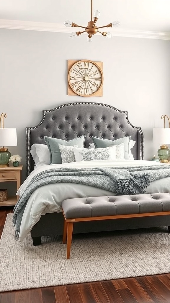 A stylish bedroom featuring an upholstered grey headboard with nailhead trim, cozy bedding, and a wooden bench.
