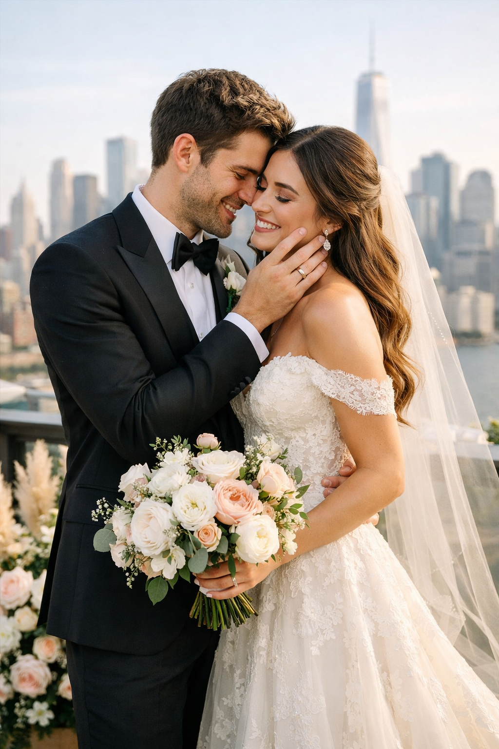 A couple embracing in an urban setting with skyscrapers in the background during a summer engagement photo shoot.