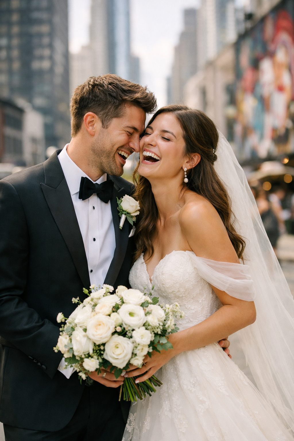 A happy couple laughing together in an urban setting during their engagement photoshoot.