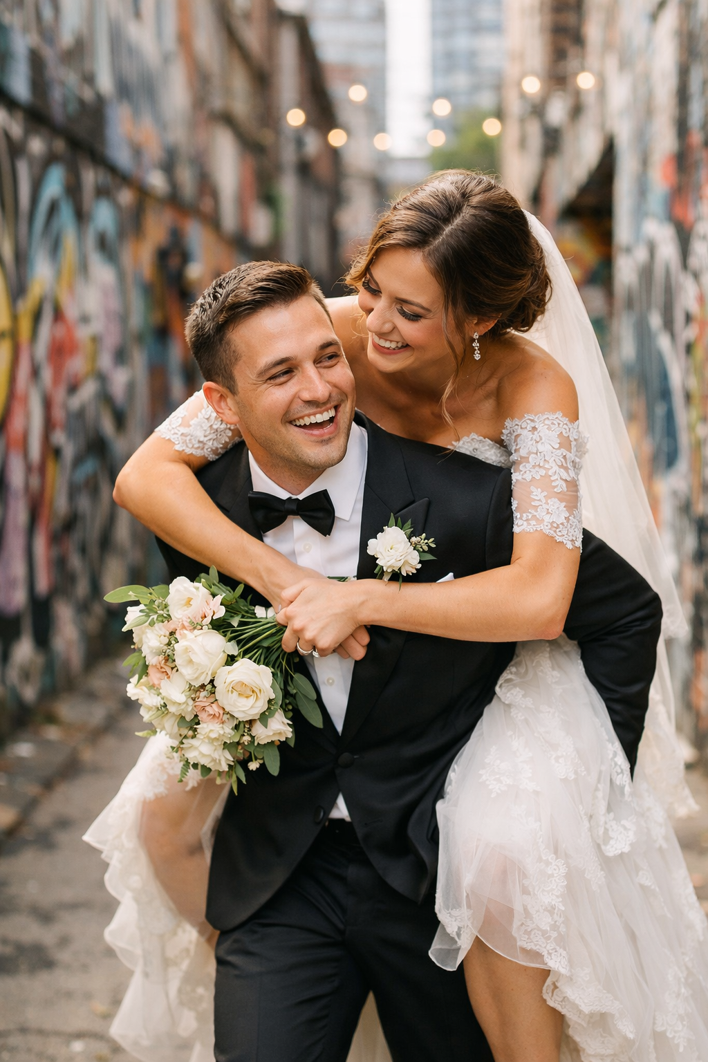 Couple having fun in a graffiti-filled alley with vibrant murals in the background.