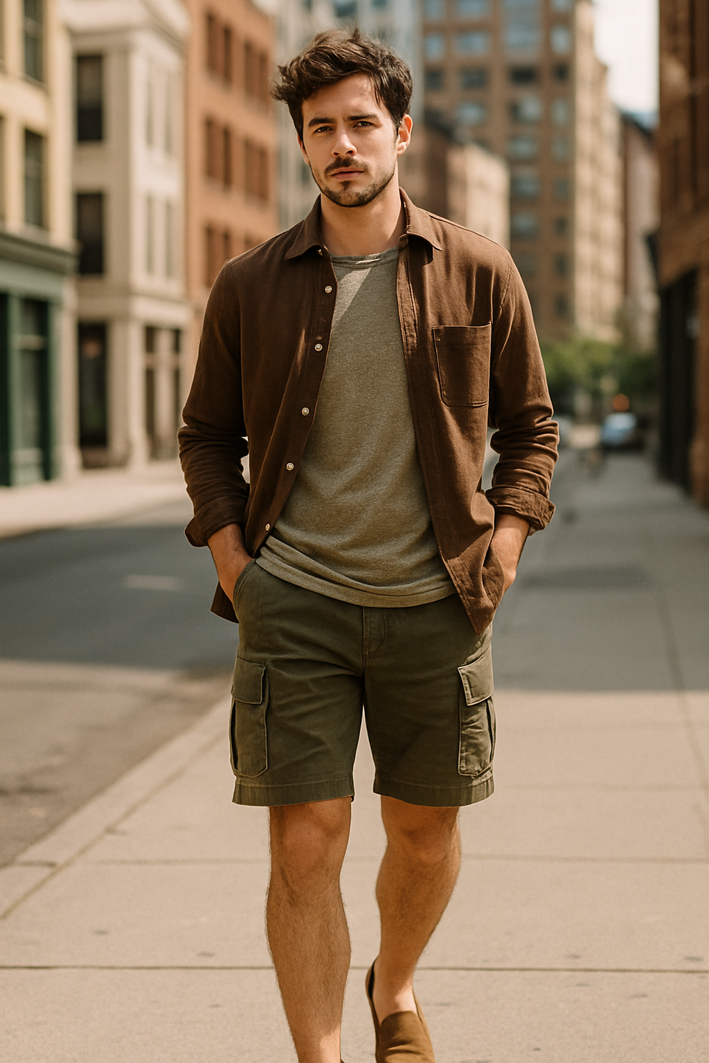A man wearing cargo shorts with a button-up shirt and a tee, walking in an urban setting.