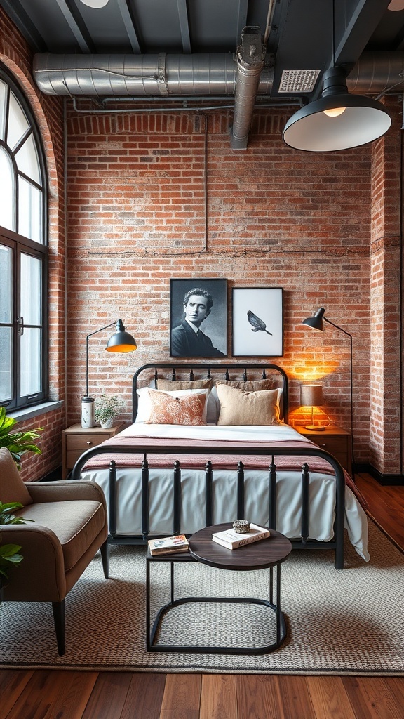 A stylish urban industrial bedroom featuring exposed brick walls, a metal bed frame, and cozy decor.