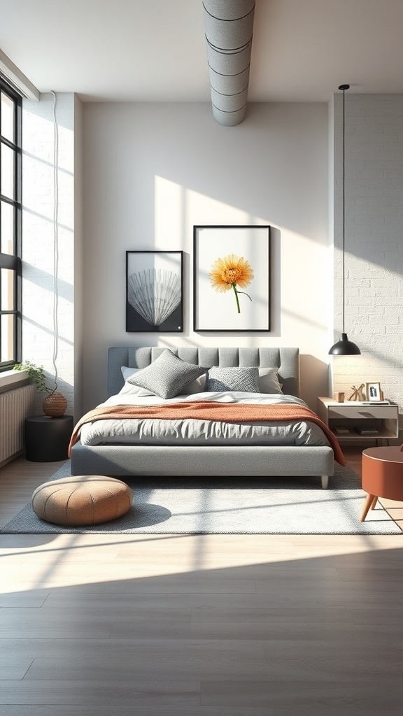 A modern bedroom featuring a grey bed frame, contemporary art on the walls, and large windows letting in natural light.