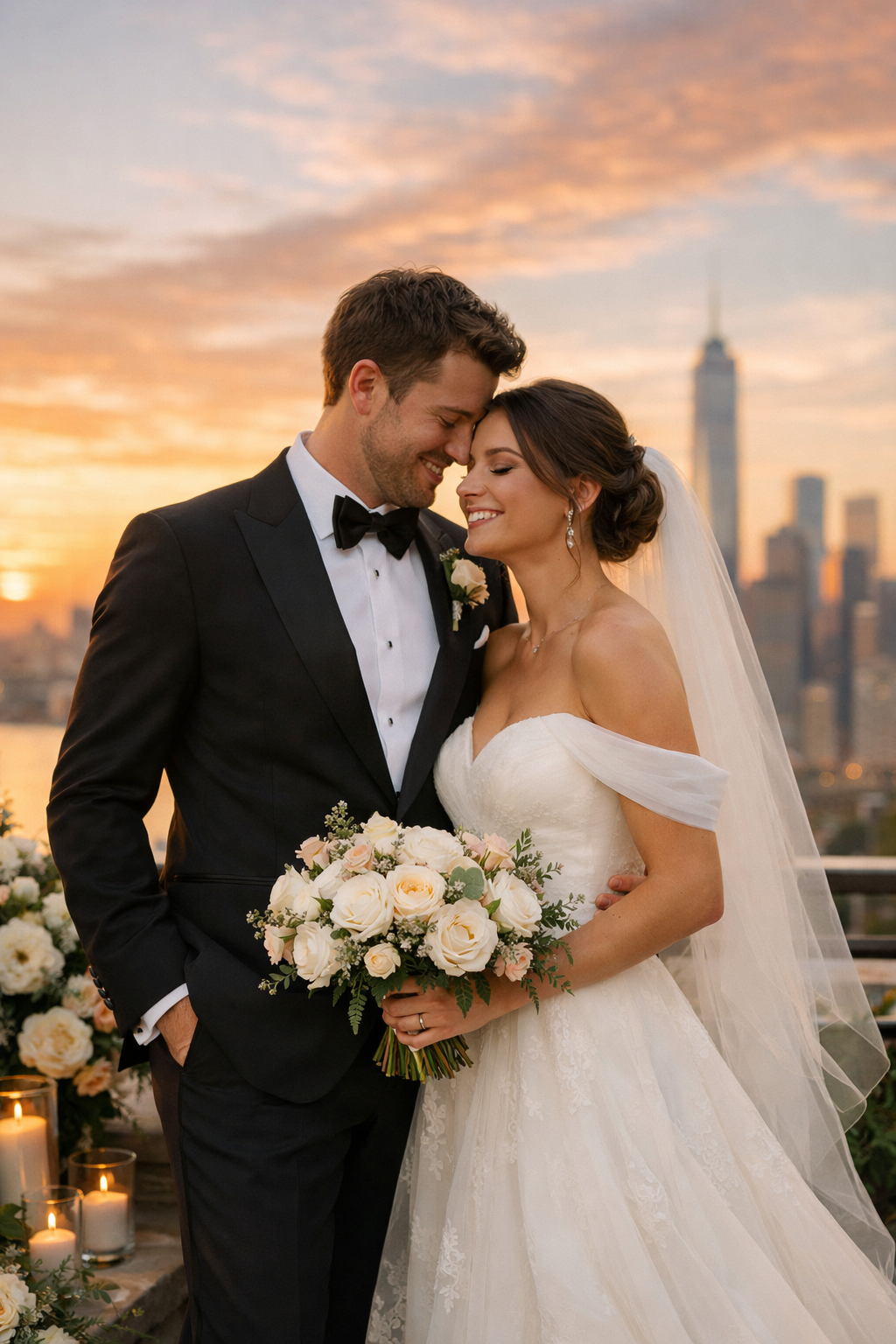 Couple smiling with an urban skyline and sunset in the background.