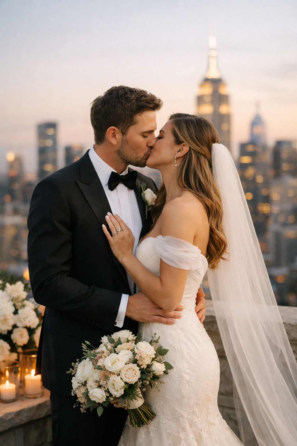 A couple kissing with an urban skyline in the background during sunset.