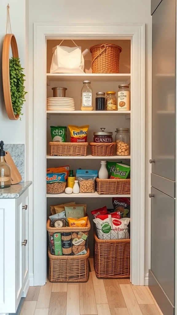 A well-organized pantry featuring baskets for grouping items, showcasing a neat and tidy arrangement.