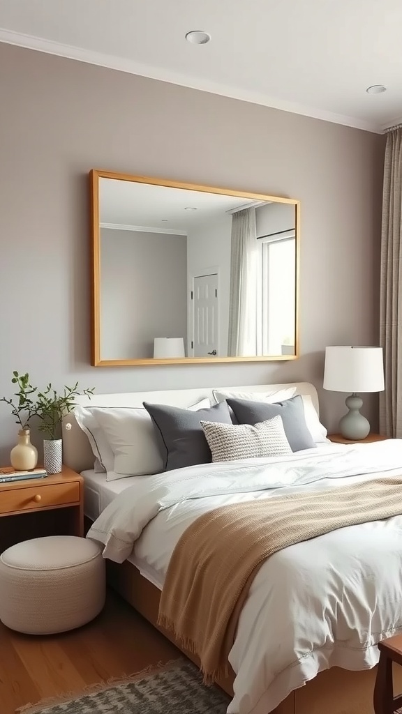 A cozy small guest bedroom featuring a large framed mirror above the bed, enhancing the room's light and space.