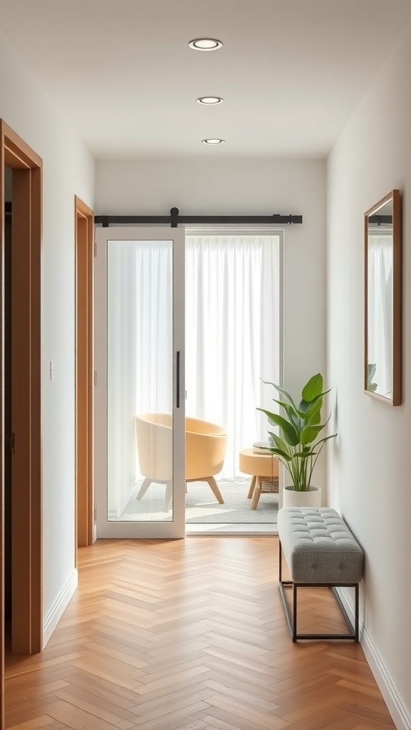 A small hallway with a sliding door leading to a seating area, featuring wooden flooring and a potted plant.