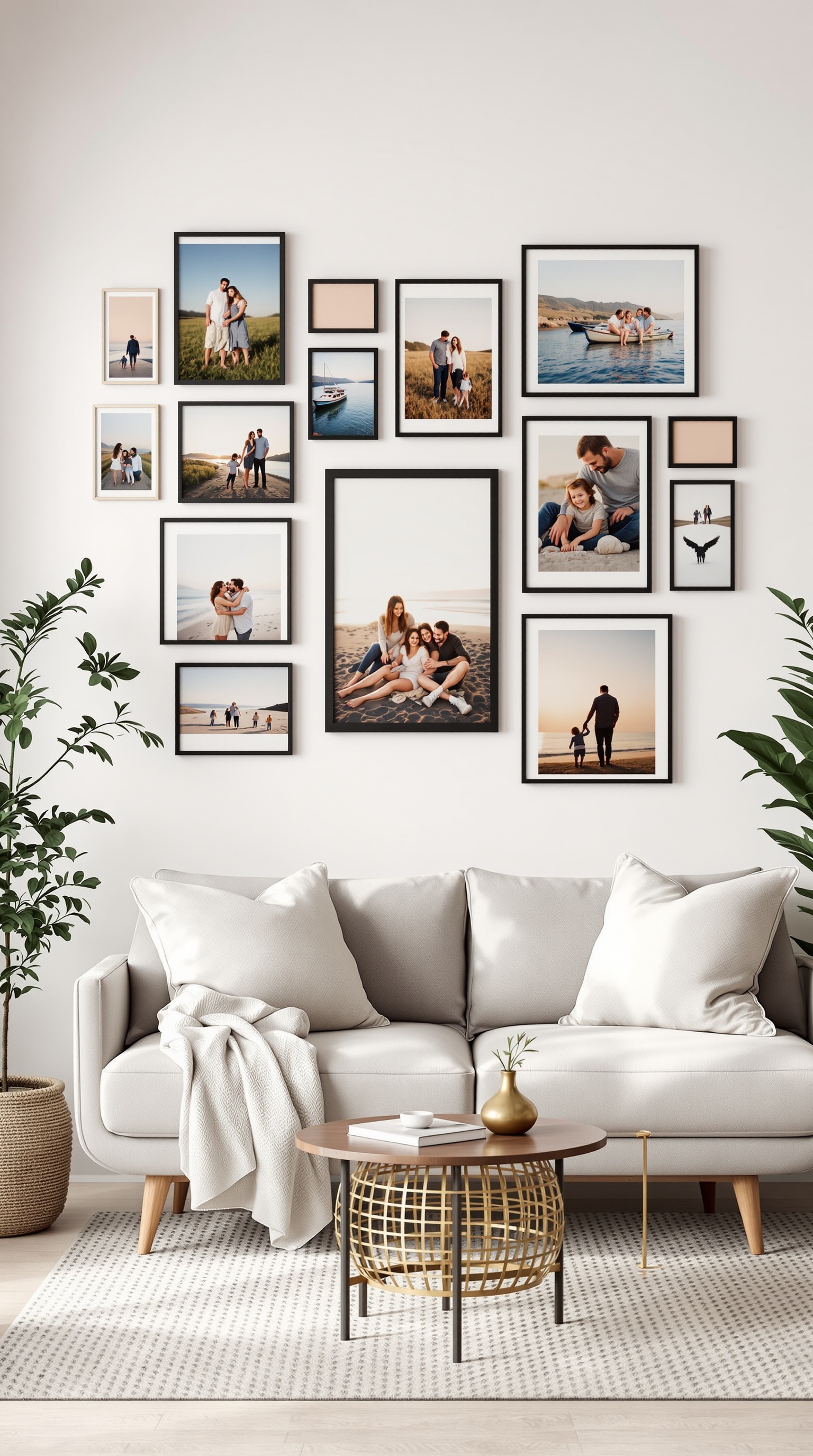 A stylish family photo wall with various framed pictures in a cozy living room setting.