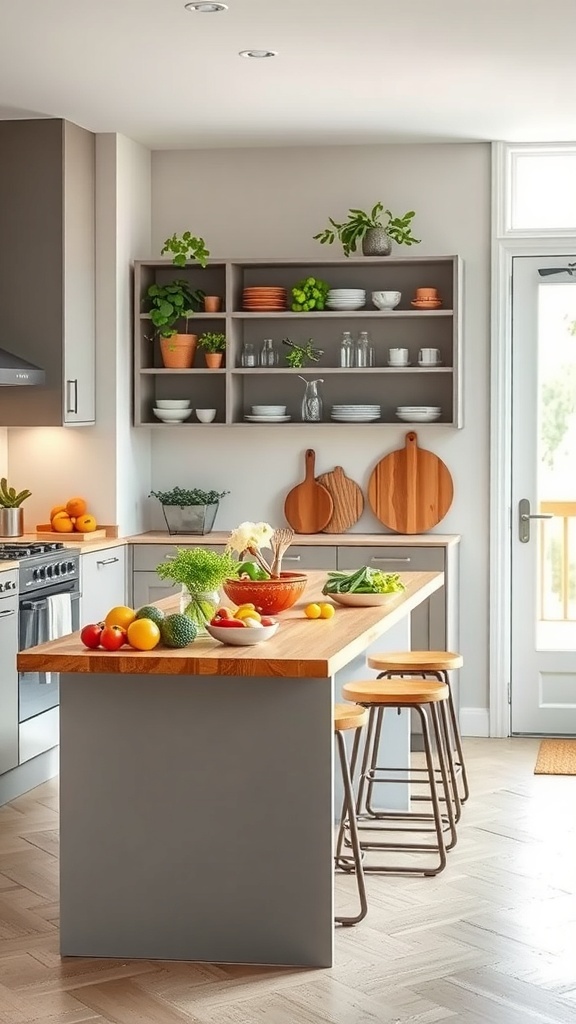 A stylish narrow kitchen island with fresh fruits and vegetables, ready for meal prep.