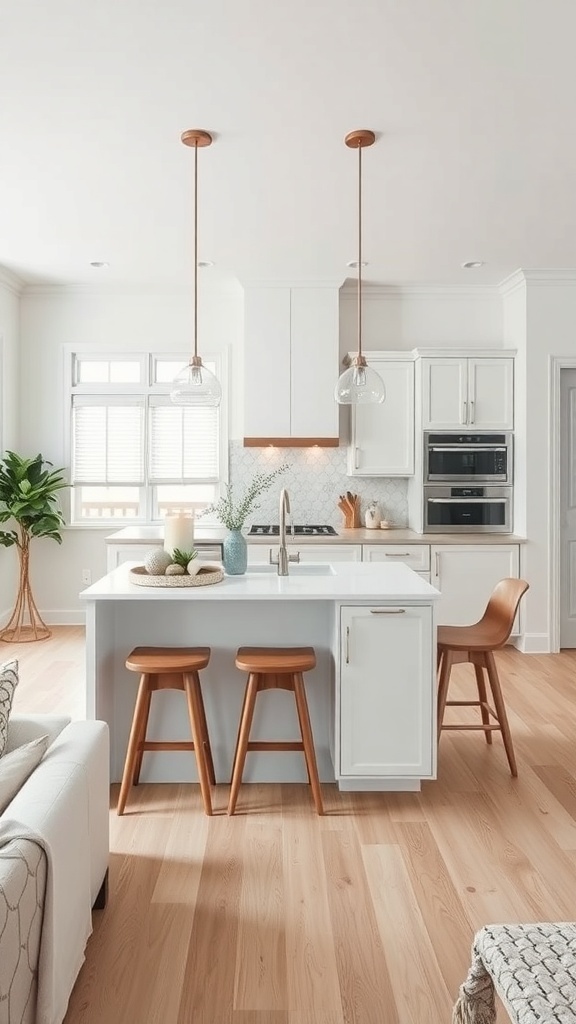 Modern kitchen with an island serving as a room divider, featuring wooden stools and a bright, airy design.