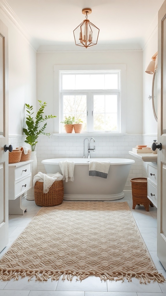 A small master bath featuring a freestanding tub, light tiles, and a textured area rug.
