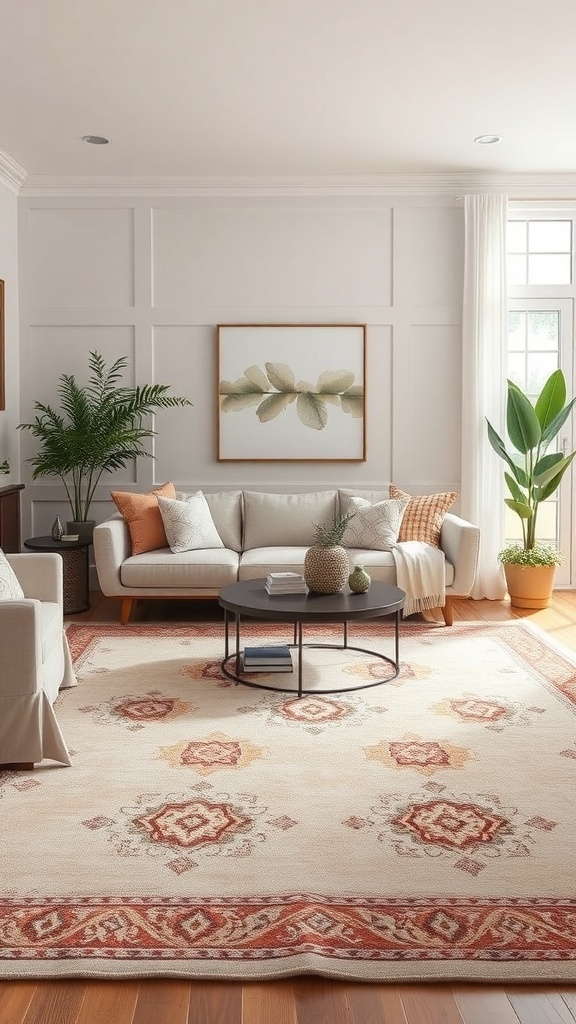 A cozy apartment living room featuring a patterned area rug, a light sofa, and plants.