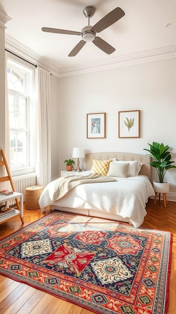 A cozy guest bedroom featuring a colorful area rug, a bed with white bedding, and a plant.