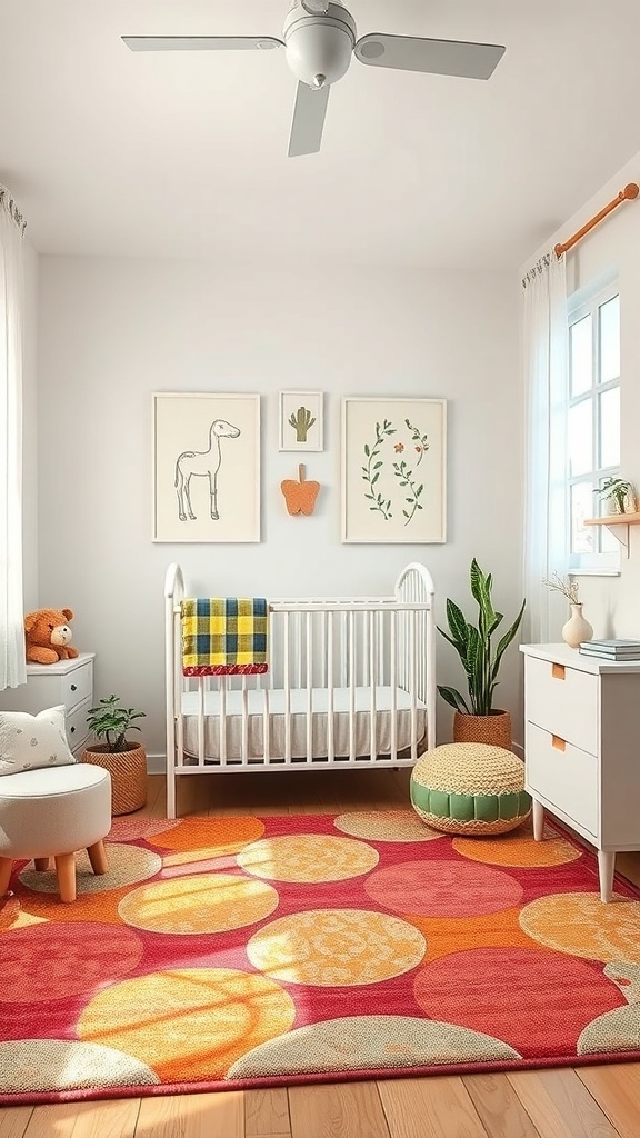 A colorful nursery featuring a crib, area rug with circles, and plants.