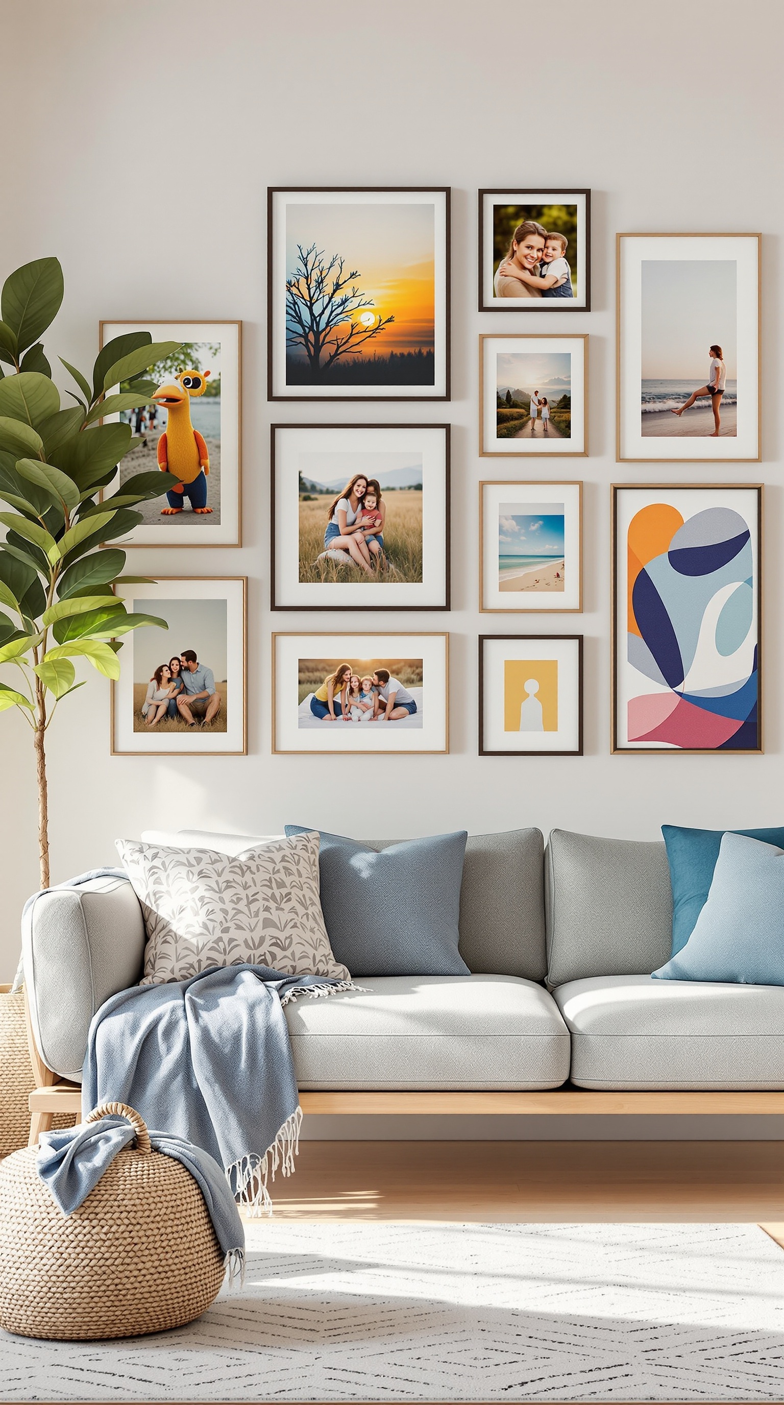 A cozy living room featuring a gallery wall with family photos and colorful artwork.