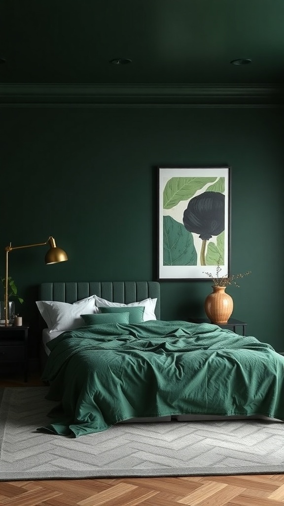 A dark green bedroom featuring a botanical artwork, green bedding, and a stylish lamp.