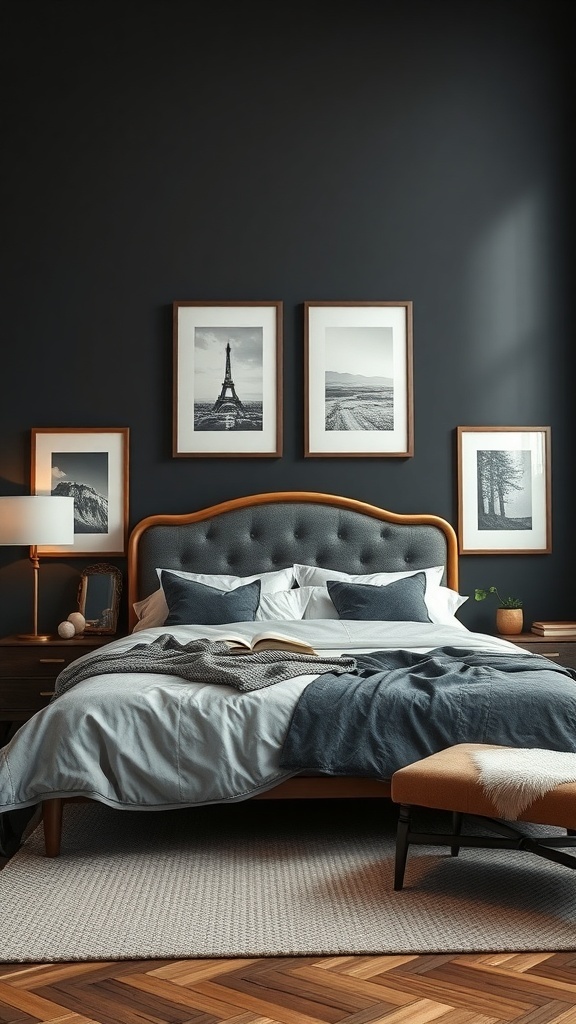 Cozy dark bedroom with framed black-and-white artwork on the wall