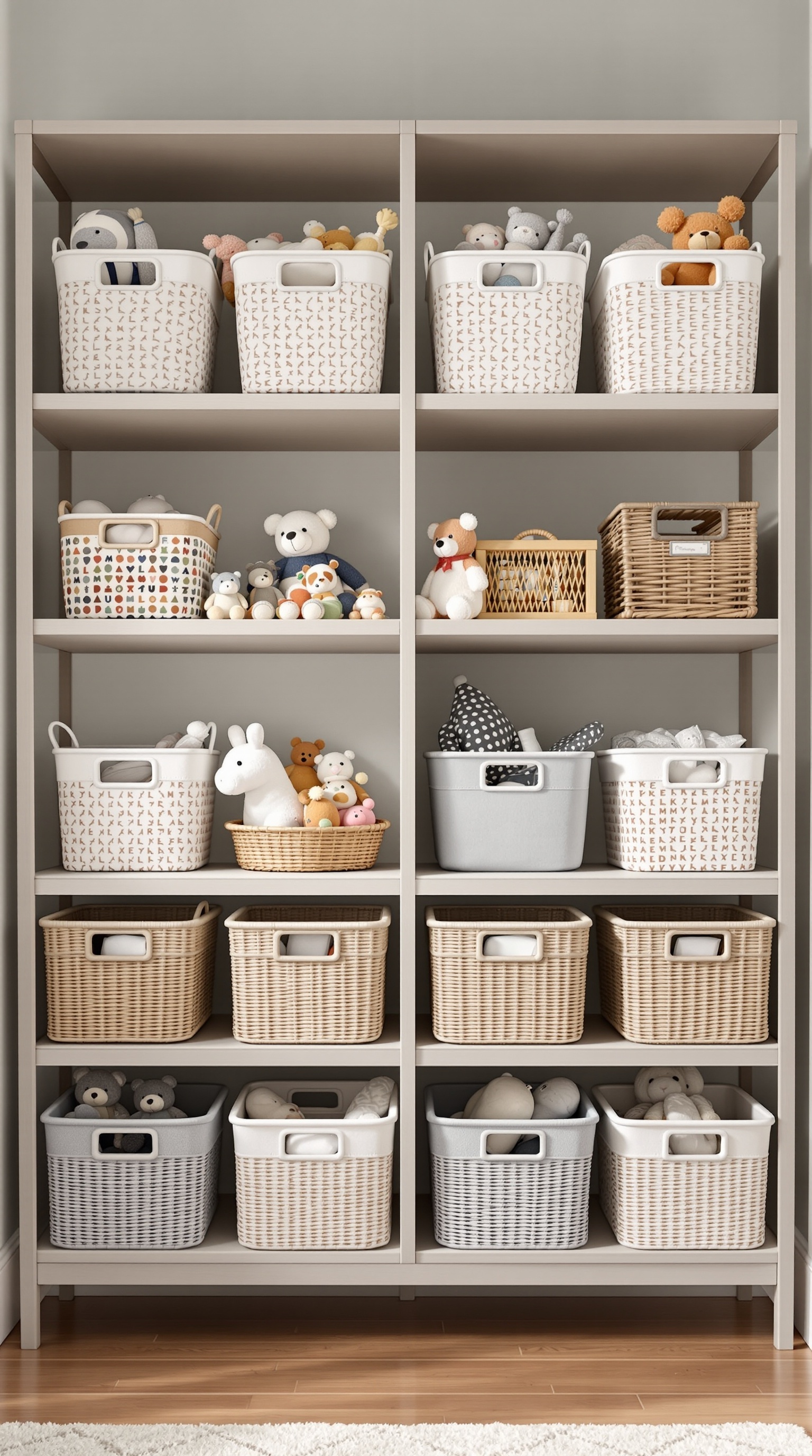 A toy shelf organized with various baskets and bins, filled with stuffed animals and toys.