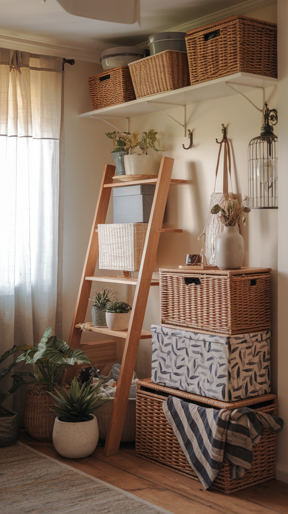 A cozy room corner featuring a wooden ladder shelf with various baskets and boxes for organization.