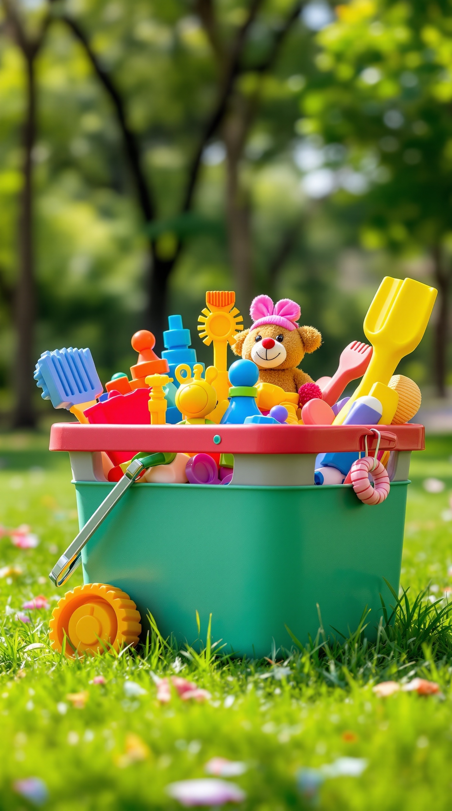 A colorful basket filled with various toys and a teddy bear, set on green grass.