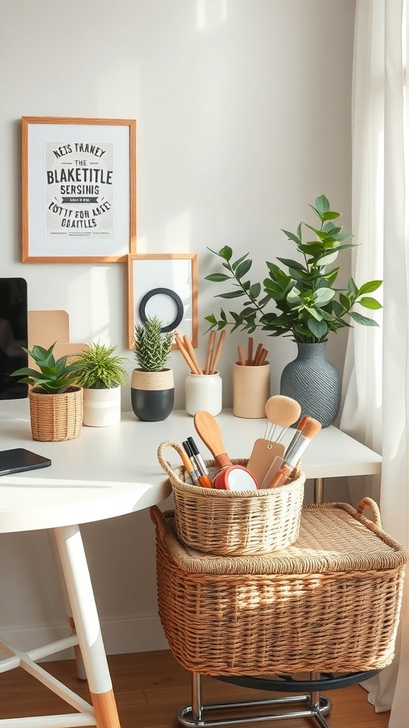 A well-organized desk featuring various baskets and containers for storage, including plants and office supplies.