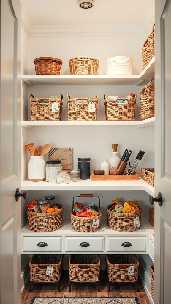 A small walk-in pantry with organized baskets on shelves and drawers for storage.