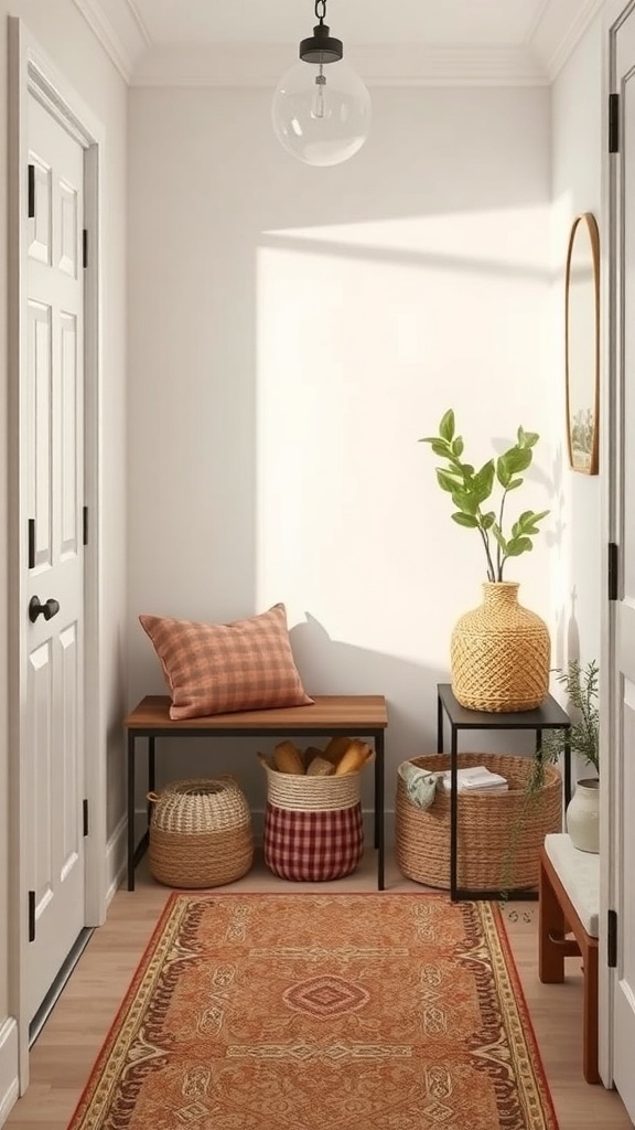 Cozy entryway with a bench, woven baskets, and a plant.