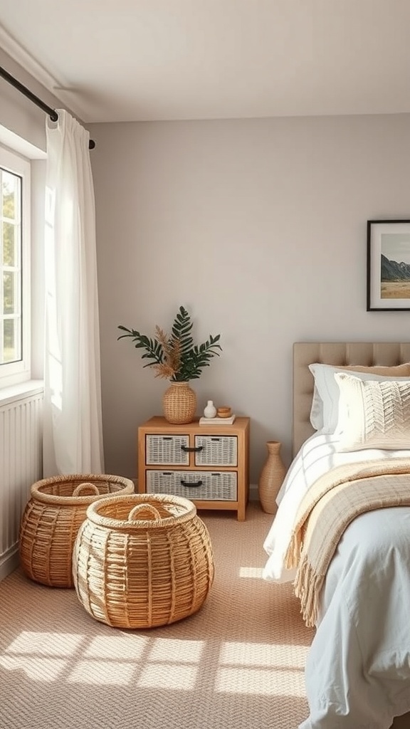 A cozy bedroom with woven baskets for storage, featuring a bed, nightstand, and natural decor.