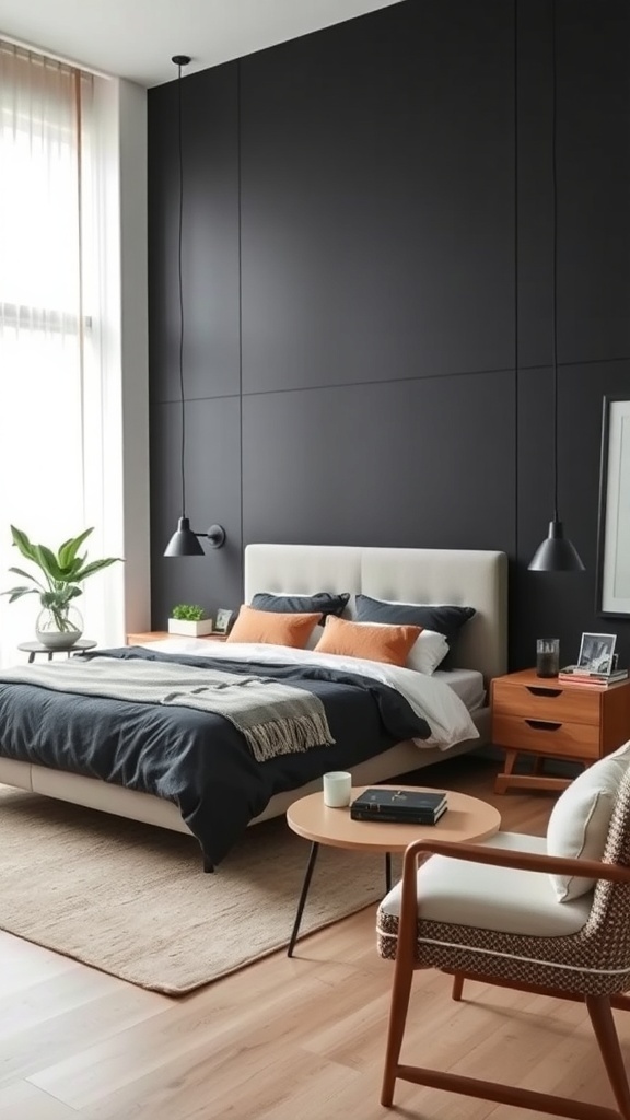 A modern bedroom featuring a black accent wall, light wood furniture, and colorful cushions.