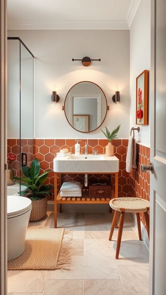 A small master bathroom featuring terracotta hexagonal tiles, a round mirror, modern lighting, and plants.